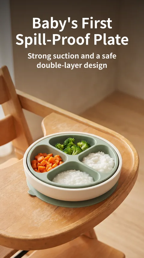 Baby Silicone Suction Plate, 4 Sections, Double-Layer for Baby Food