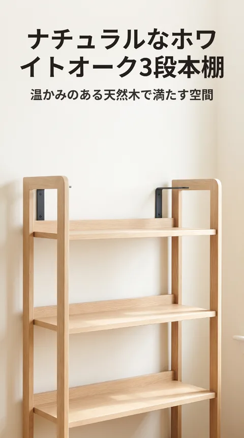天然木3段本棚 組み立て式 ホワイトオーク 壁固定ブラケット