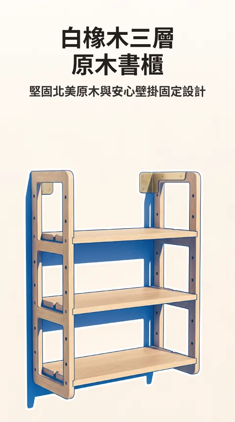 原木三層書櫃 組裝式 白橡木 壁掛固定支架