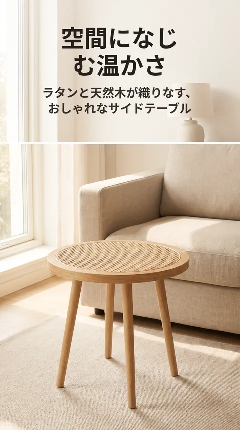 ラタン ウッド 丸型サイドテーブル 組み立て式 50cm