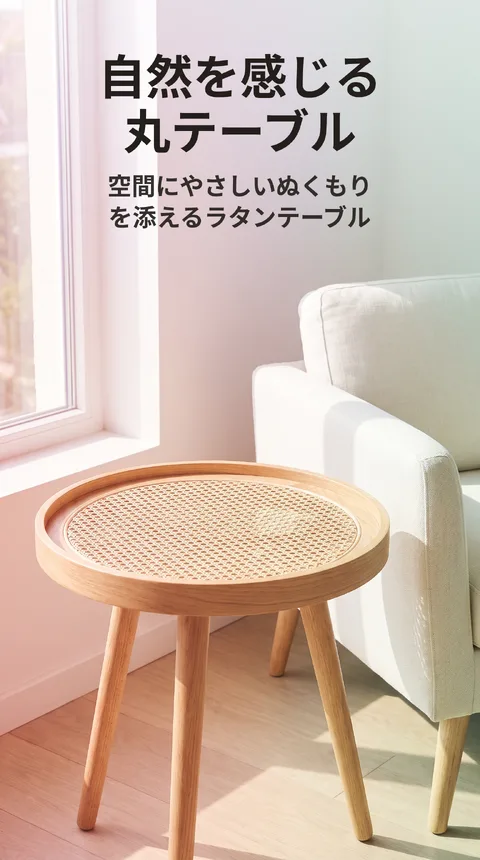 ラタン ウッド 丸型サイドテーブル 組み立て式 50cm
