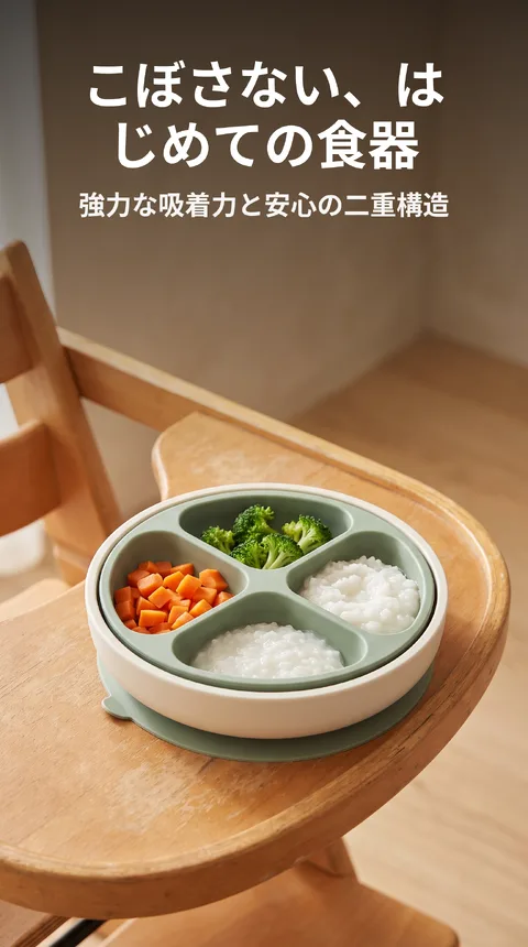 ベビー用シリコン吸着プレート 4仕切り 離乳食 二重構造