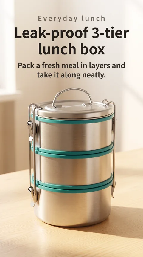 Stainless Steel 3-Tier Lunch Box with Airtight Silicone Seal