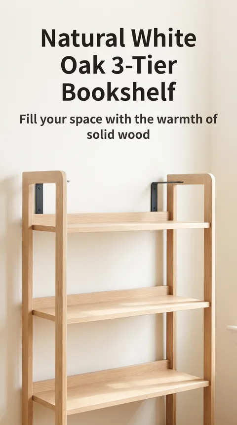 Solid Wood 3-Tier Bookshelf, Assembly Required, White Oak, Wall-Mount Brackets