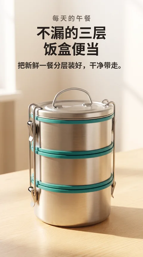 不锈钢三层饭盒便当盒 硅胶密封