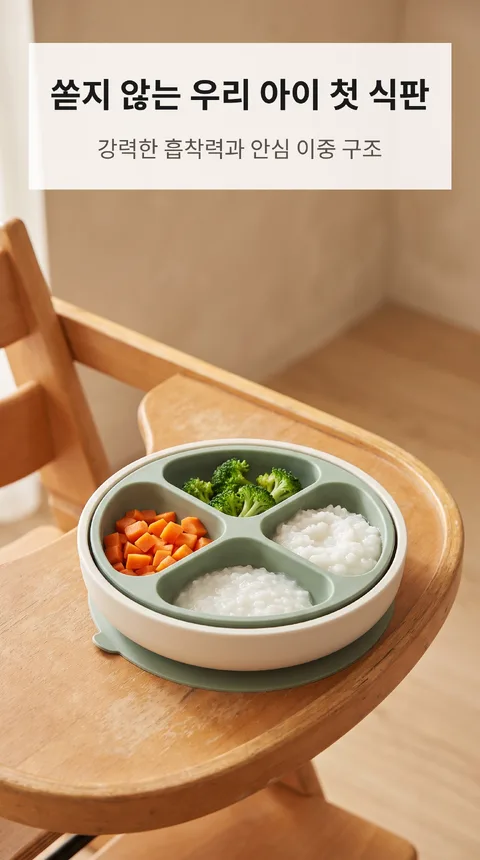 아기 실리콘 흡착 식판 4칸 이유식 이중구조