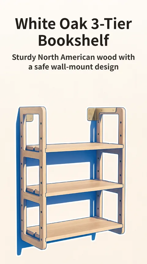 Solid Wood 3-Tier Bookshelf, Assembly Required, White Oak, Wall-Mount Brackets