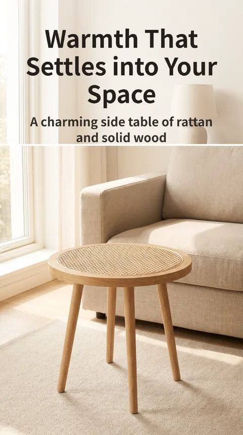 Rattan Wood Round Side Table, Assembly Required, 50cm
