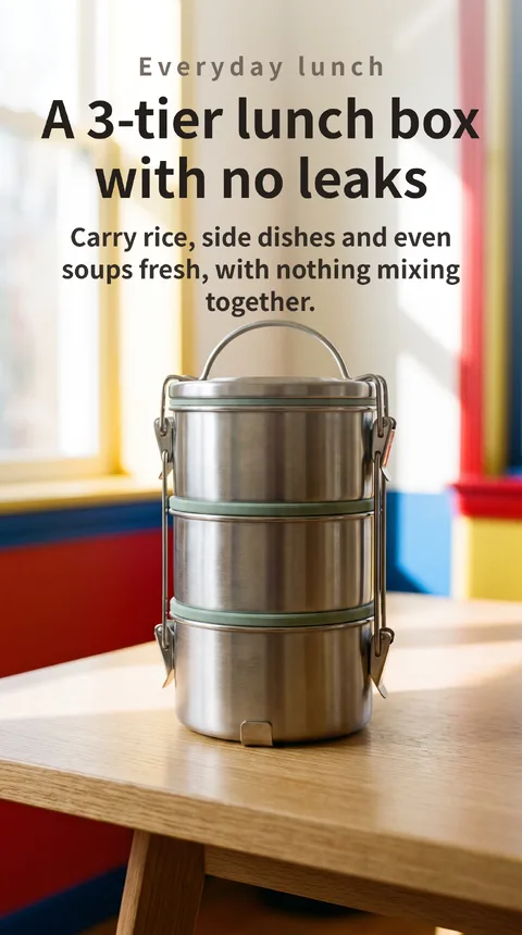 Stainless Steel 3-Tier Lunch Box with Airtight Silicone Seal