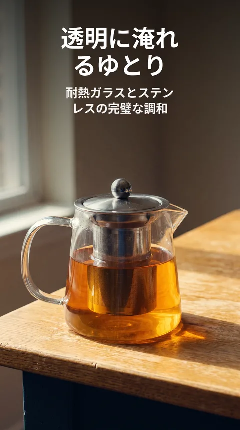 持ち手付き耐熱ガラスティーポット 600ml ステンレス茶こし