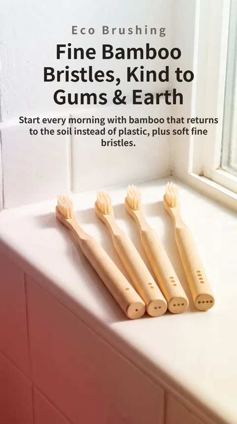 Bamboo Toothbrush 4-Pack, Biodegradable Handle, Fine Bristles