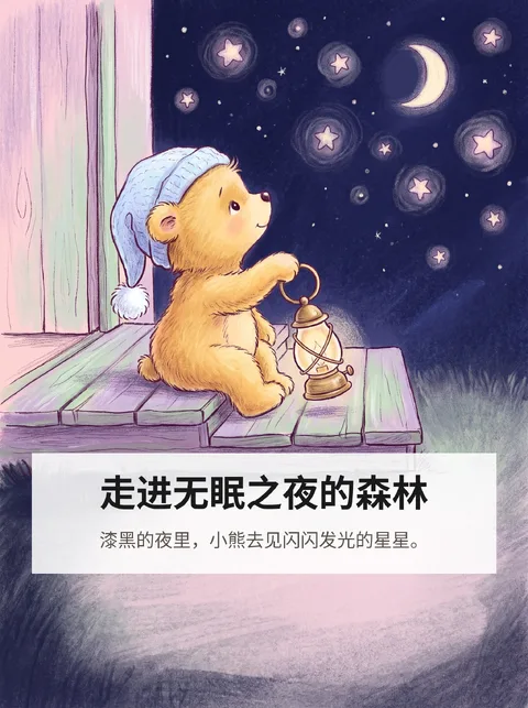 睡不着的小熊走进夜晚森林数星星的故事