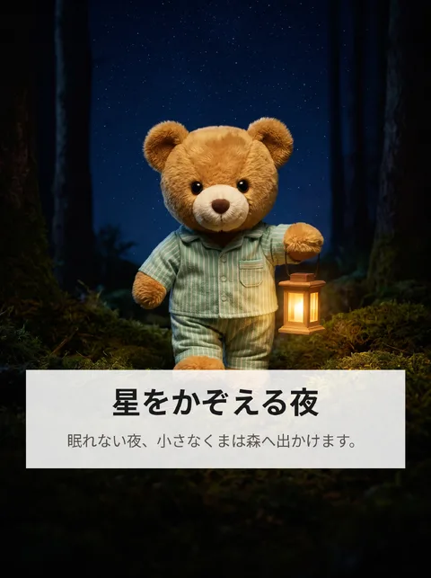 眠れない小さなくまが、星を数えに夜の森へ出かけるお話