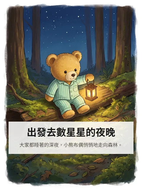 這隻小熊布偶在夜裡出發去數星星的故事