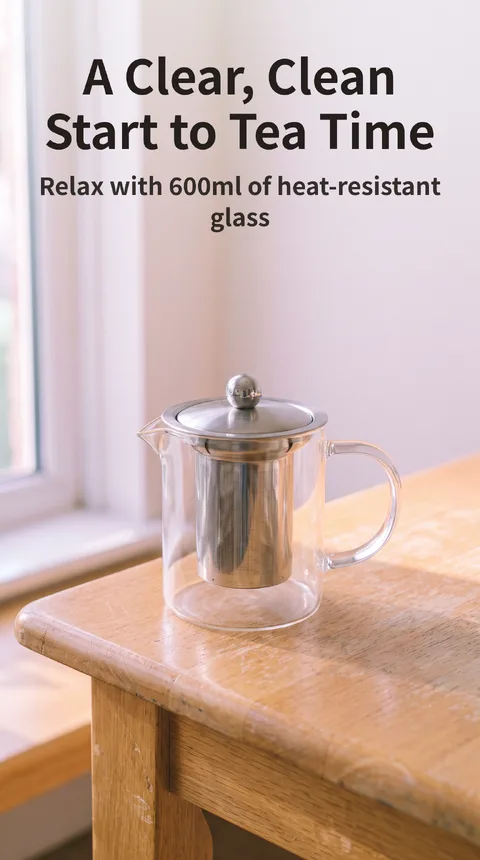 Heat-Resistant Glass Teapot with Handle, 600ml, Stainless Strainer
