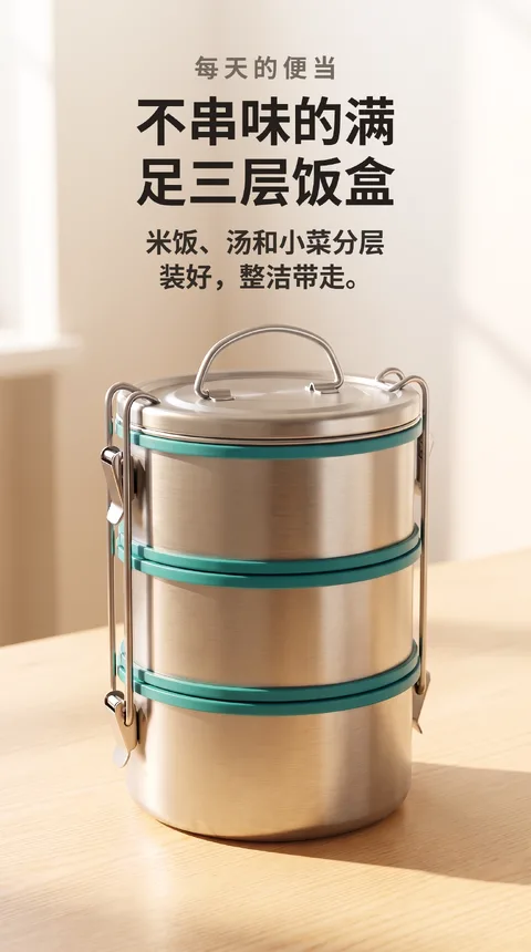 不锈钢三层饭盒便当盒