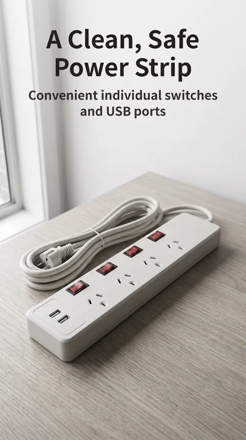4-Outlet Power Strip, Individual Switches, 2 USB Ports, 3 m