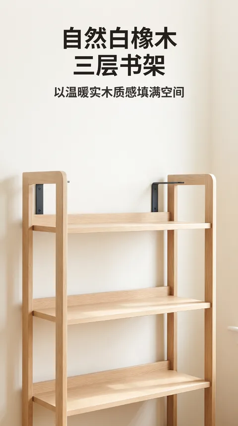 实木三层书架 组装式 白橡木 附墙面固定支架
