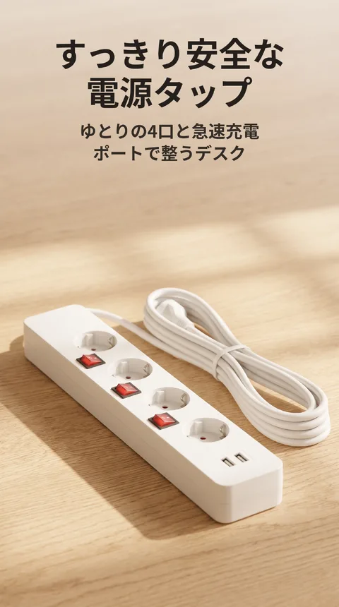 4口電源タップ 個別スイッチ USB2ポート 3m