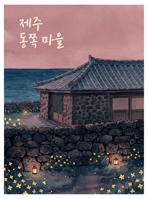 济州东部村庄水彩明信片