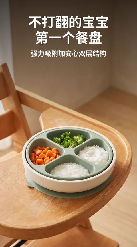 宝宝硅胶吸盘餐盘 4格 辅食 双层结构