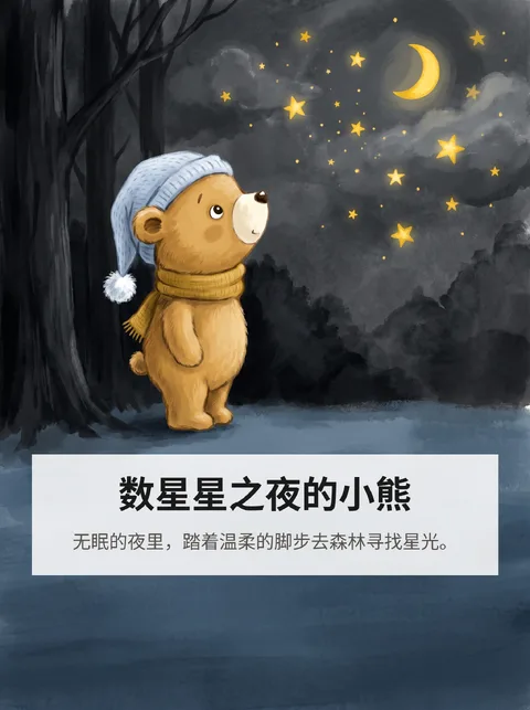 睡不着的小熊走进夜晚森林数星星的故事