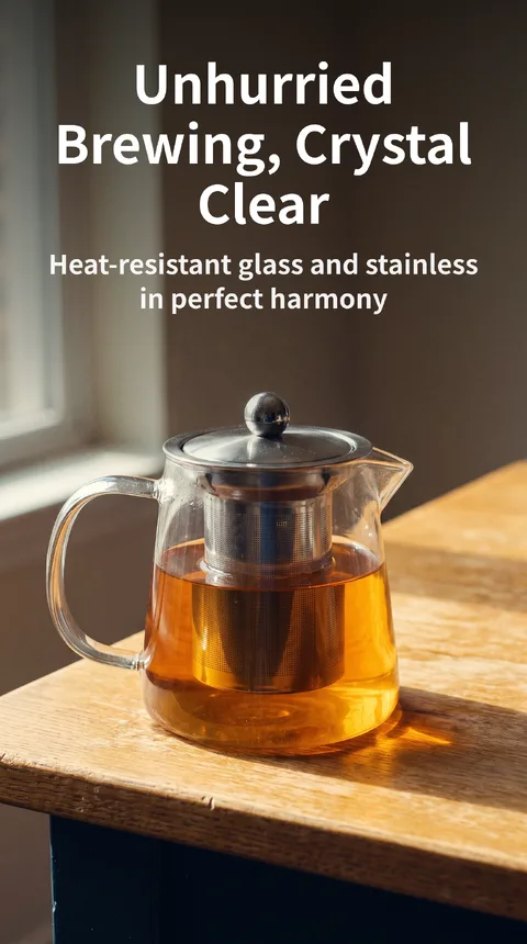 Heat-Resistant Glass Teapot with Handle, 600ml, Stainless Strainer