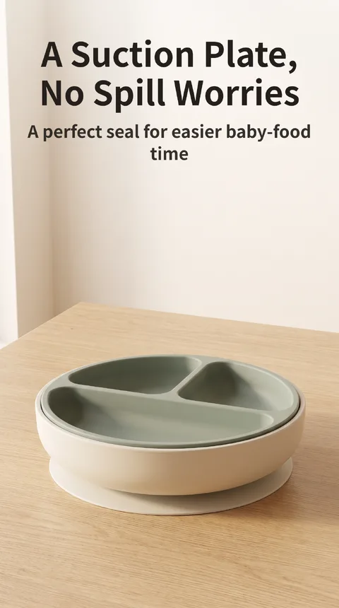 Baby Silicone Suction Plate, 4 Sections, Double-Layer for Baby Food