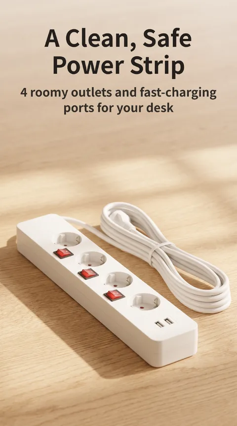 4-Outlet Power Strip, Individual Switches, 2 USB Ports, 3 m