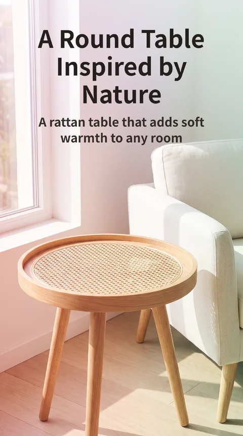 Rattan Wood Round Side Table, Assembly Required, 50cm