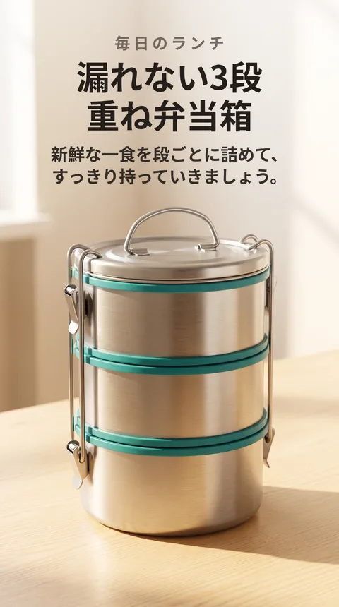 ステンレス3段重ね弁当箱 密閉シリコン