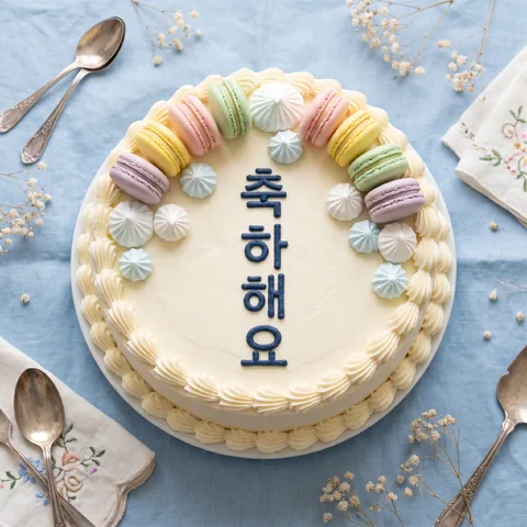 마카롱 토핑 케이크 · 케이크 하늘빛 · 케이크 빈티지 식탁