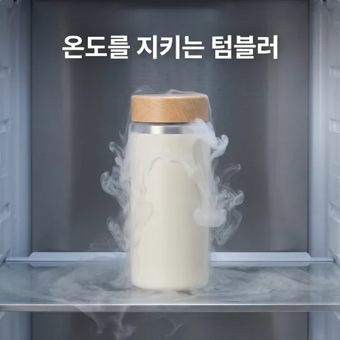 냉장고 문 열린 순간 · 온도 스틸 그레이 · 온도 기능 설명 그래픽