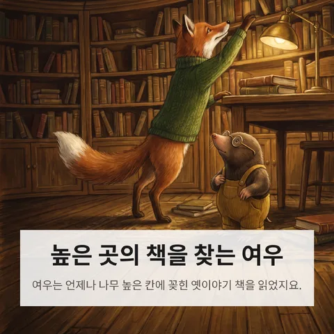 높은 곳의 책을 찾는 여우