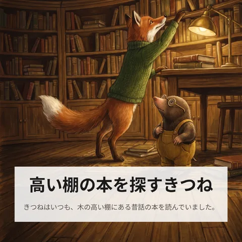 高い棚の本を探すきつね
