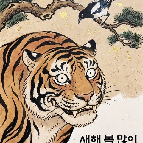 한지 결 위 채색 · 민화 오방색 · 민화 먹 선묘
