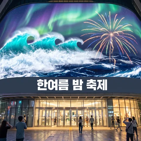 쇼핑몰 입구 대형 화면 · 파사드 오로라 · 파사드 야경