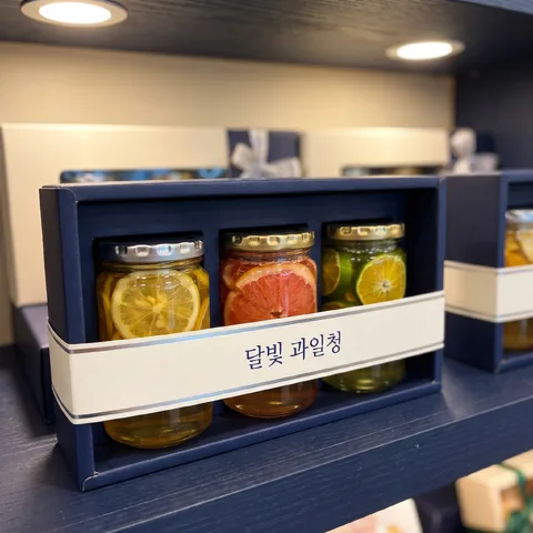 매장 진열대 선물 세트 · 선물 네이비 실버 · 선물 명절 연출