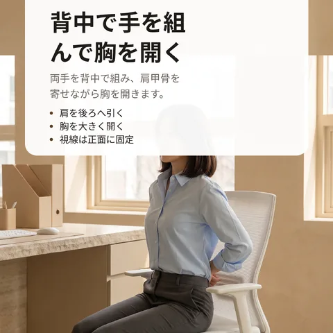 背中で手を組んで胸を開く
