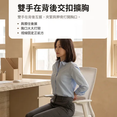 雙手在背後交扣擴胸